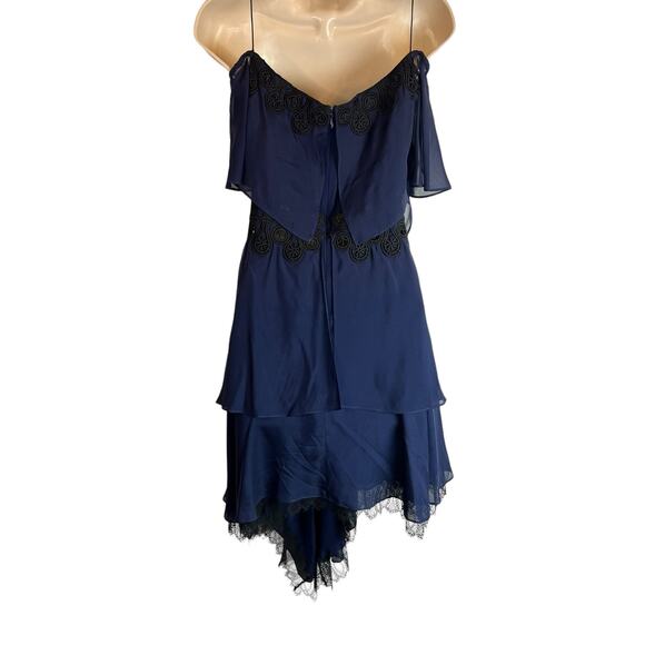 Jonathan Simkhai Blue Silk Black Lace Party Dress Cocktail Ruffle 0 - Picture 9 of 13